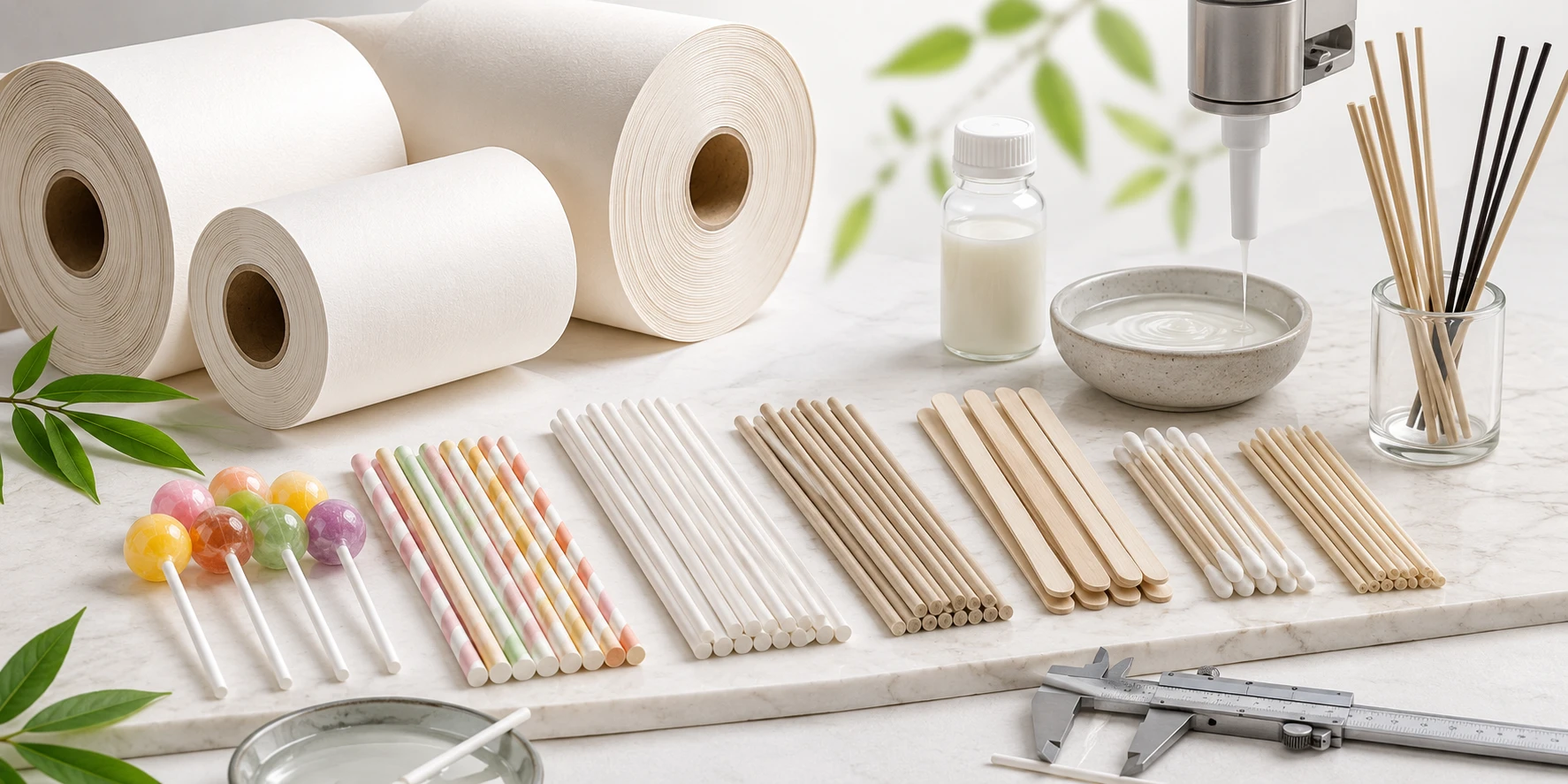 paper materials glue inputs and finished paper sticks for paper stick machine production