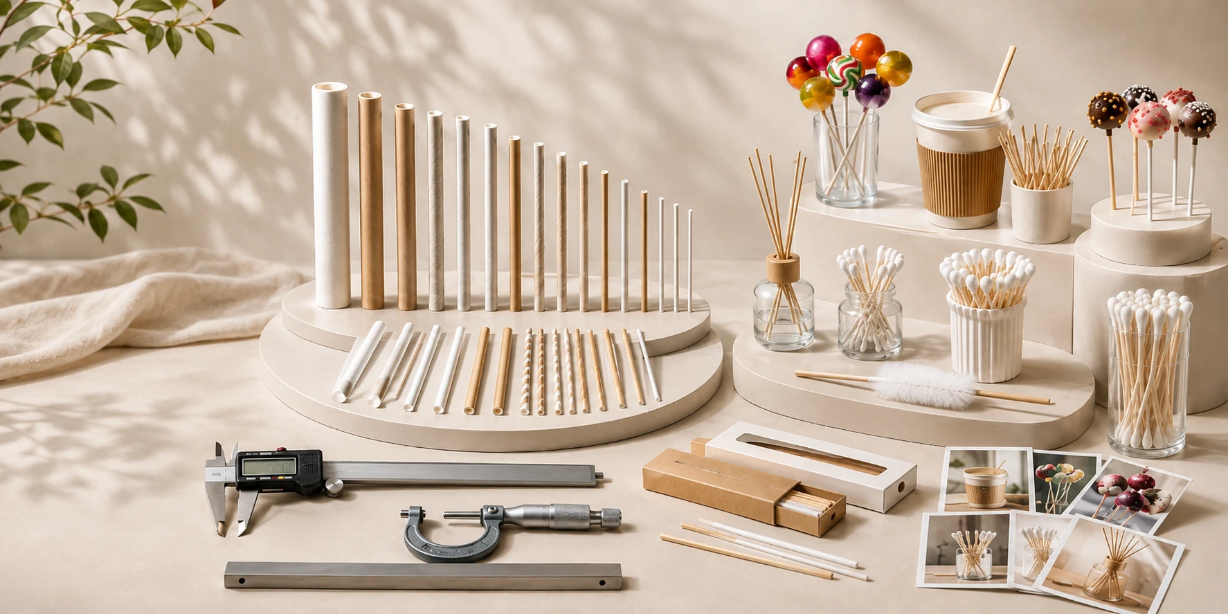 paper stick diameter length samples and measuring tools before machine configuration