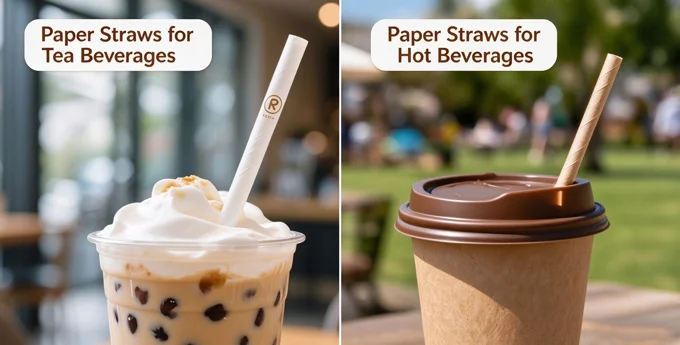 Paper straws for cold tea beverages and hot beverages, shown side by side in café and outdoor settings